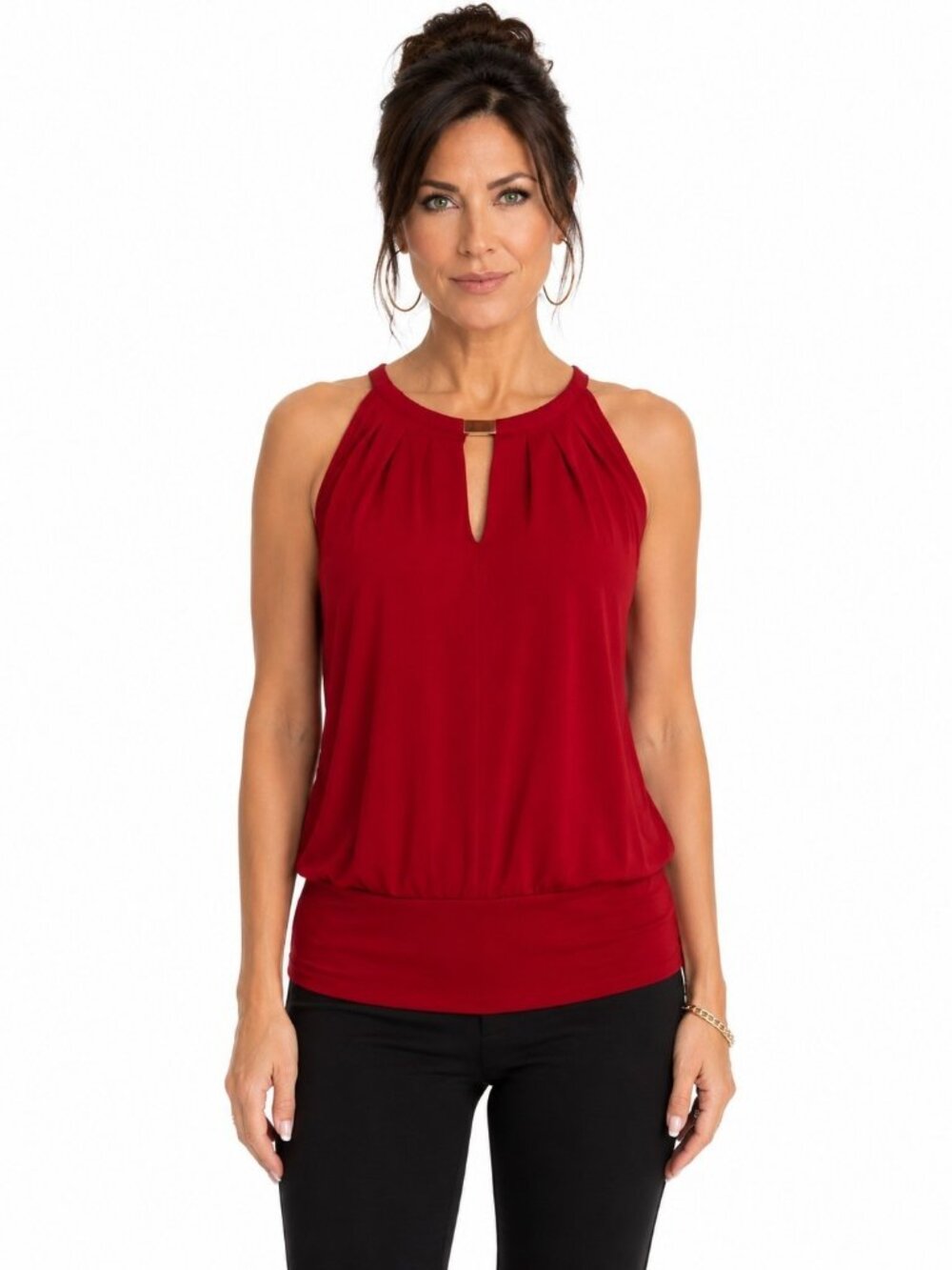 White House Black Market Red Sleeveless Blouson Keyhole Top Medium Stretch - Picture 13 of 13